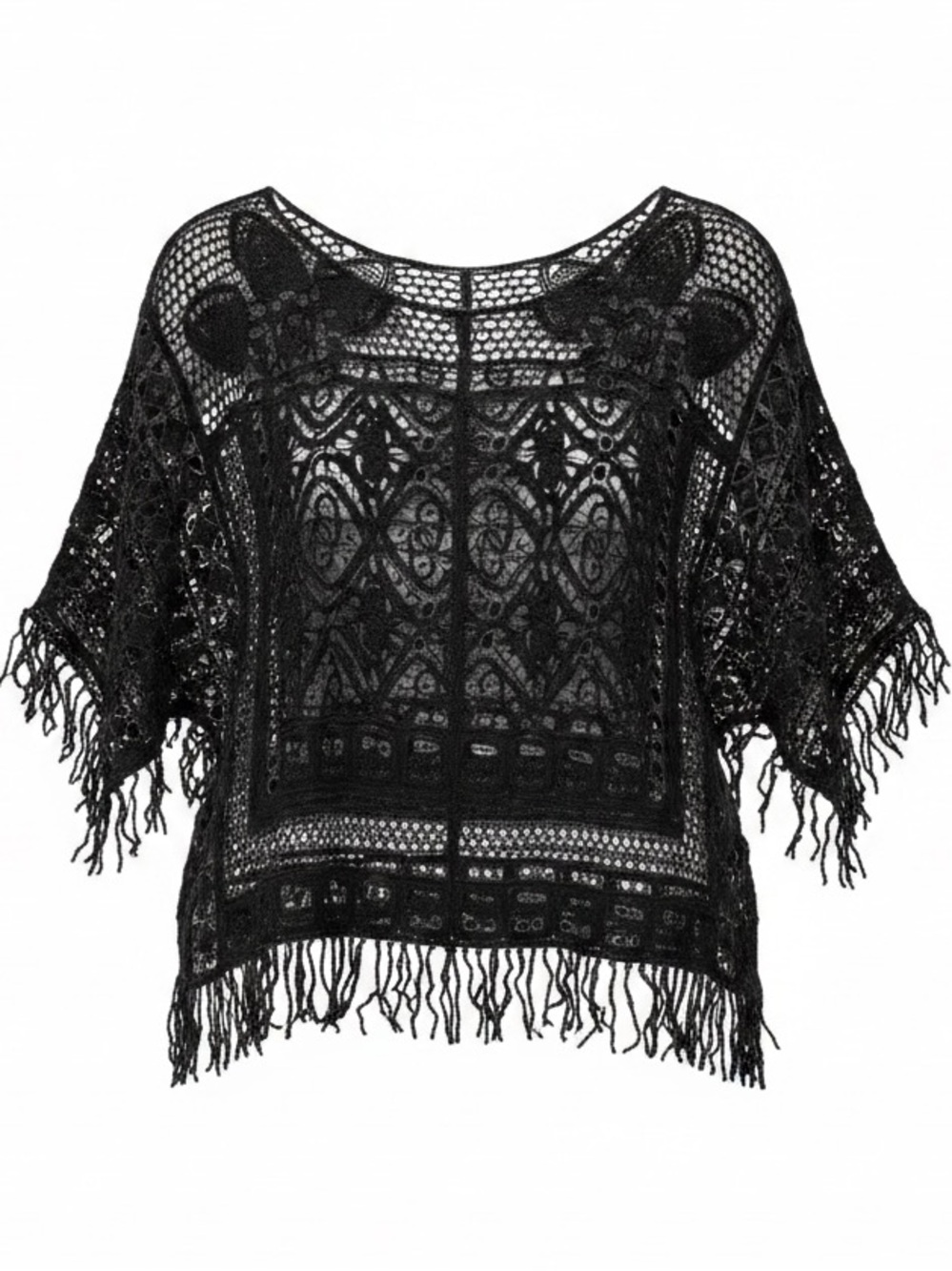 Boho Hollow Out Black Crochet Fringe Tunic Top Beach Blouse Cover Up OS